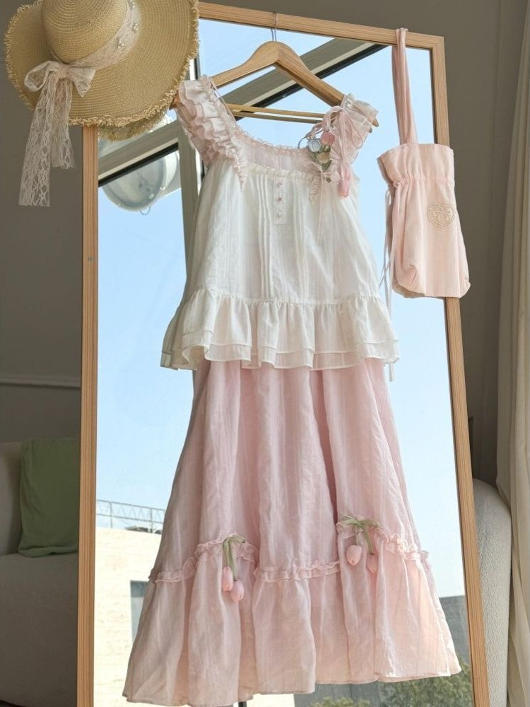 Sweet Kawaii Ruffle Trim Tulip - Cami Top Lace 评论和价格